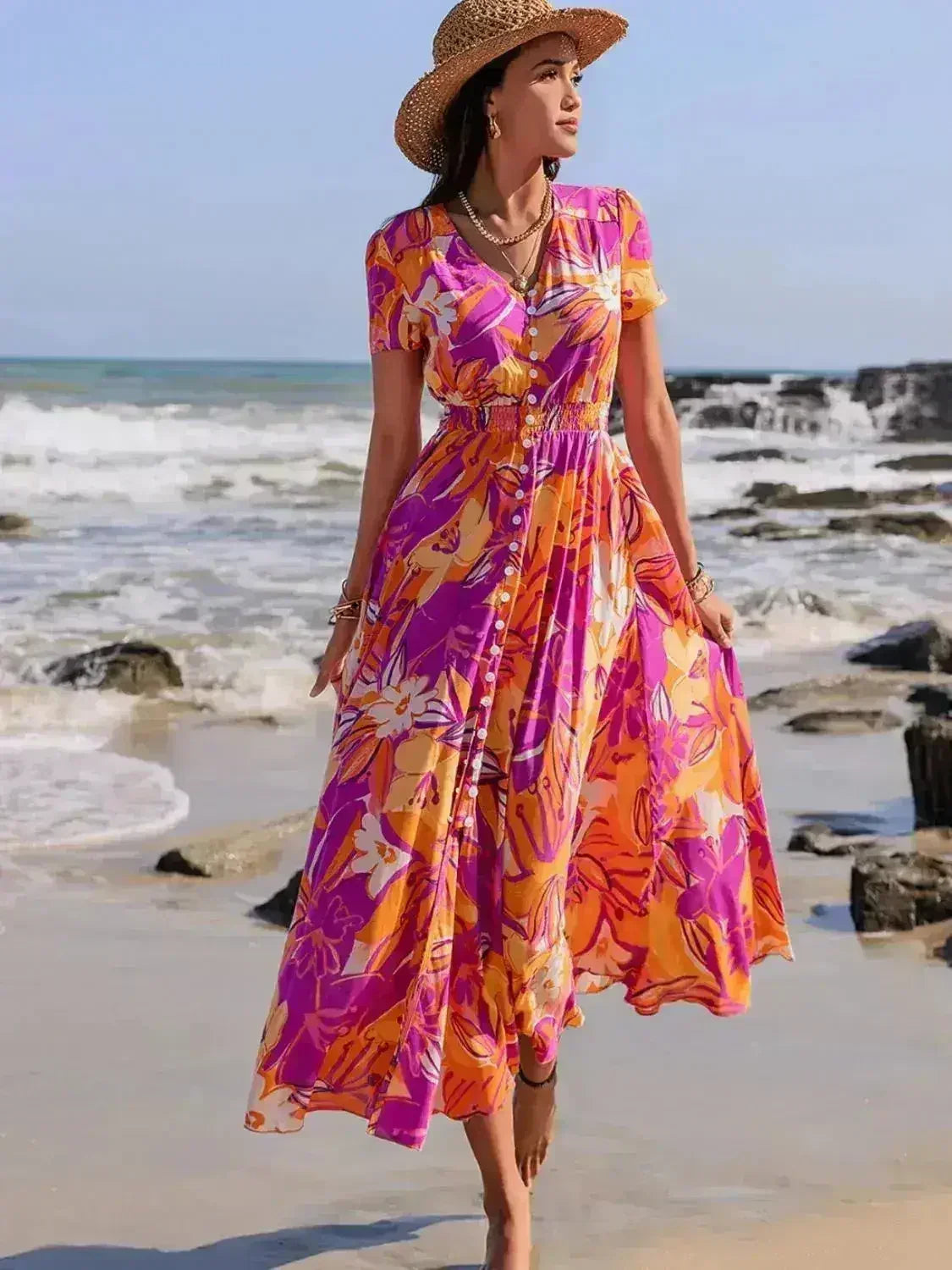 Printed V-Neck Midi Dress - Flowy Viscose Summer Dress | Femstylo - Femstylo