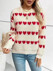 Heart Round Neck Dropped Shoulder Sweater - Femstylo