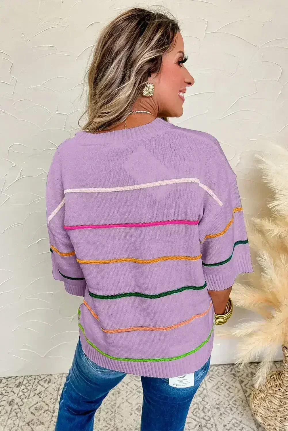 White Striped Half Sleeve Drop Shoulder Sweater - Femstylo