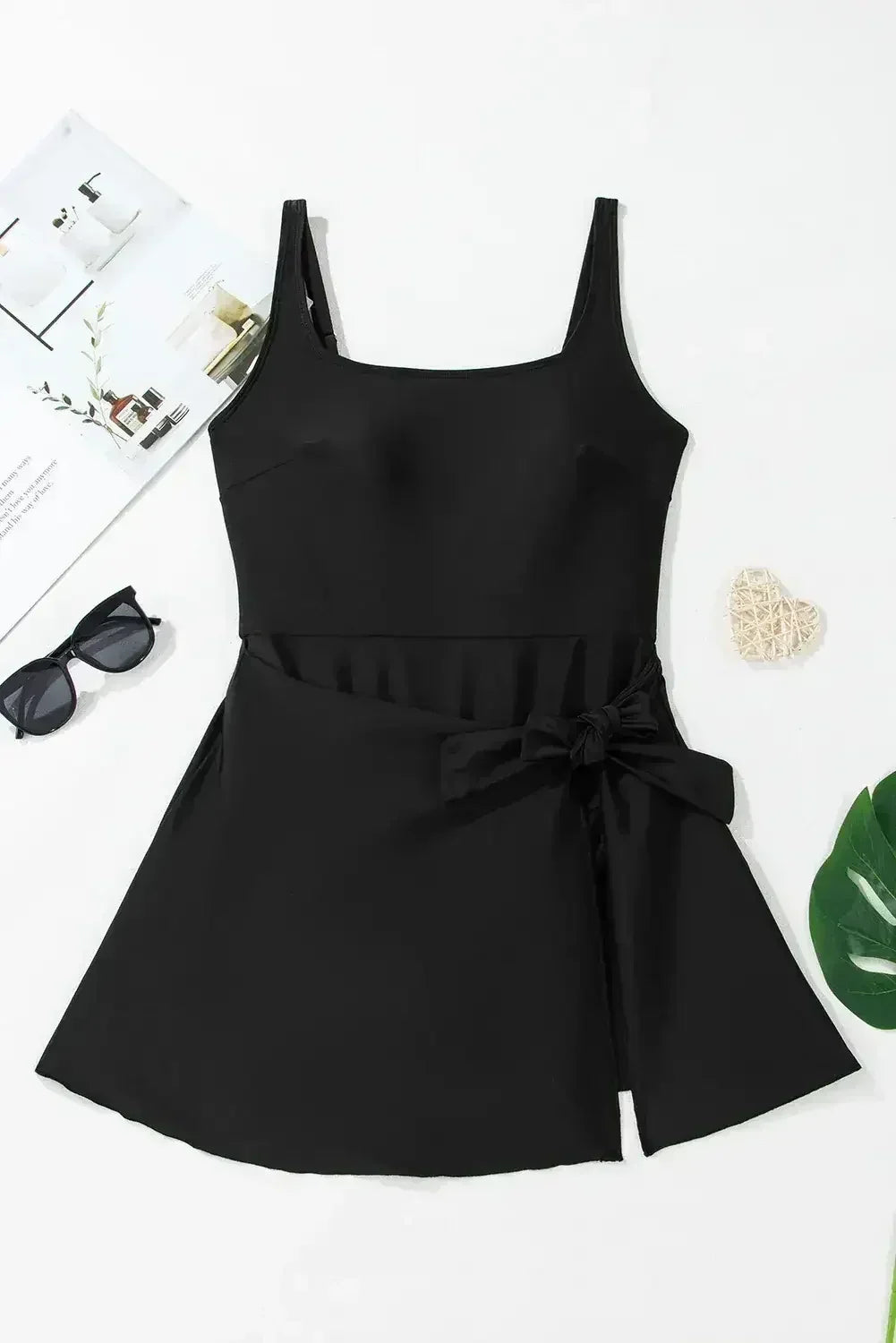 Black Side Tied Waist Square Neck Adjustable Straps A Line One Piece Swim Dress - Femstylo