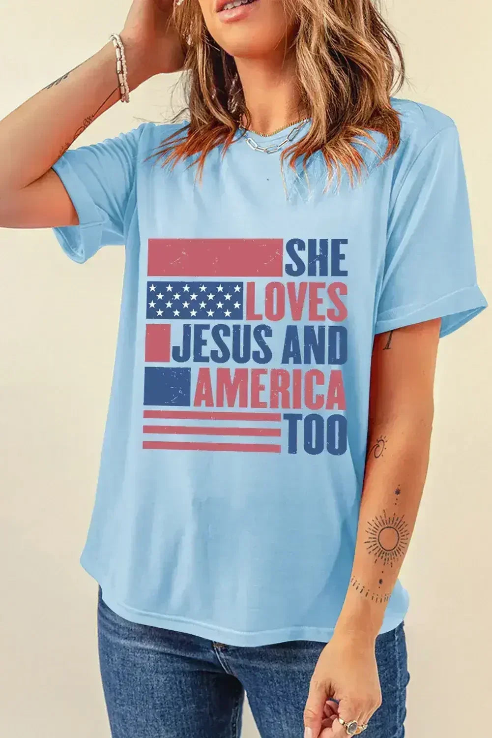 Light Blue SHE LOVES JESUS AND AMERICA TOO Patriotic T Shirt - Femstylo
