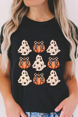 Black Halloween Ghost Pumpkin Graphic Crew Neck T Shirt