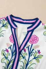 Blue Floral Ruffle Hem Pop of Color Neckline Dress - Femstylo