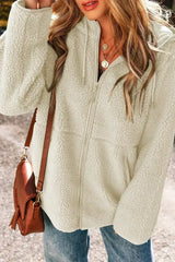Pale Khaki Fleece Zip Up Drawstring Hooded Pocketed Jacket - Femstylo