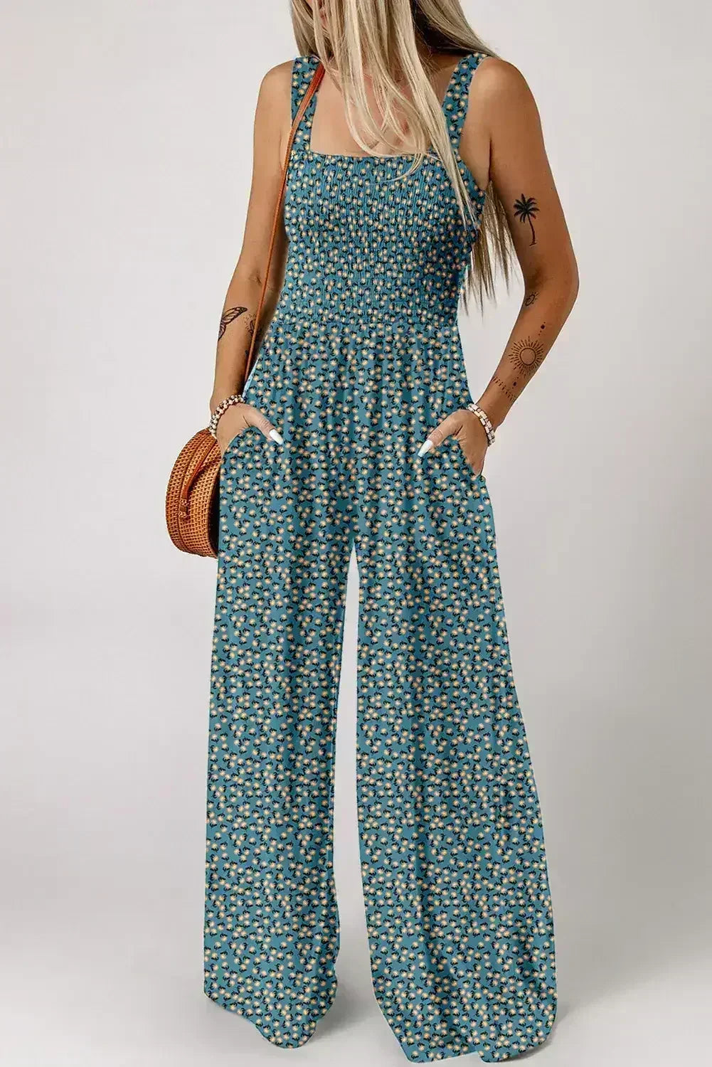 Purple Floral Square Neckline Stretch High Waist Jumpsuit - Femstylo