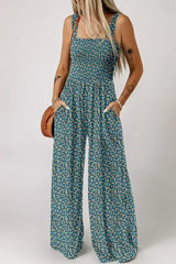 Purple Floral Square Neckline Stretch High Waist Jumpsuit - Femstylo