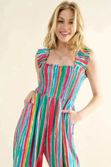 And The Why Full Size Striped Smocked Sleeveless Jumpsuit - Femstylo