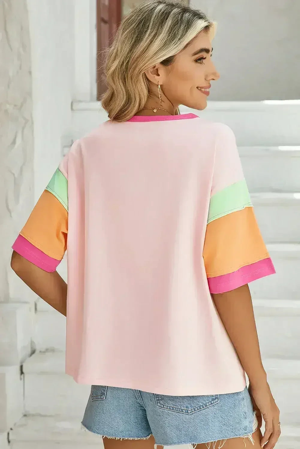 Light Blue Color Block Sleeve Round Neck Oversize Top - Femstylo