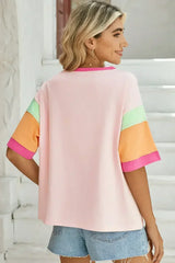 Light Blue Color Block Sleeve Round Neck Oversize Top - Femstylo