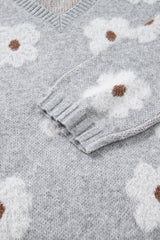 Gray Cute Flower Print V Neck Drop Shoulder Baggy Sweater