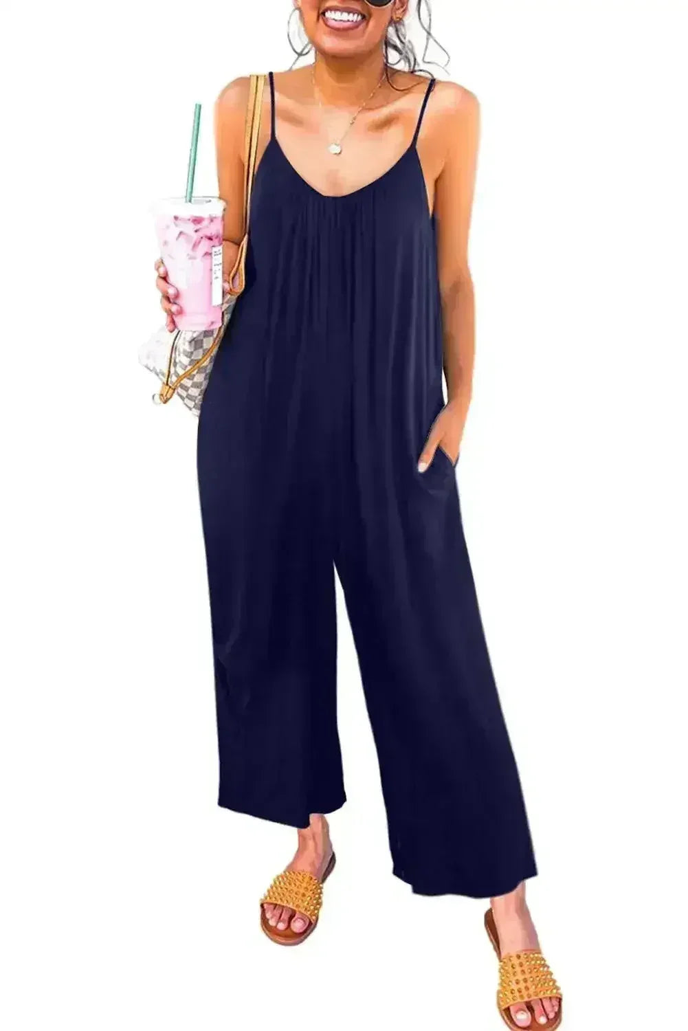 Casual Dark Blue Spaghetti Straps Pocketed Wide Leg Jumpsuits - Femstylo