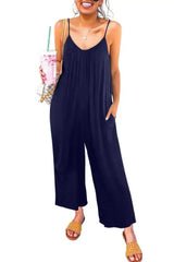 Casual Dark Blue Spaghetti Straps Pocketed Wide Leg Jumpsuits - Femstylo