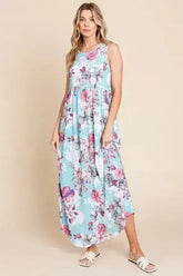 BOMBOM Floral Round Neck Sleeveless Maxi Dress with Pockets - Femstylo
