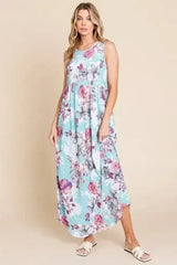 BOMBOM Floral Round Neck Sleeveless Maxi Dress with Pockets - Femstylo