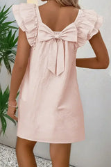 Light Pink Textured Flutter Sleeve Square Neck Bow Back Mini Dress - Femstylo
