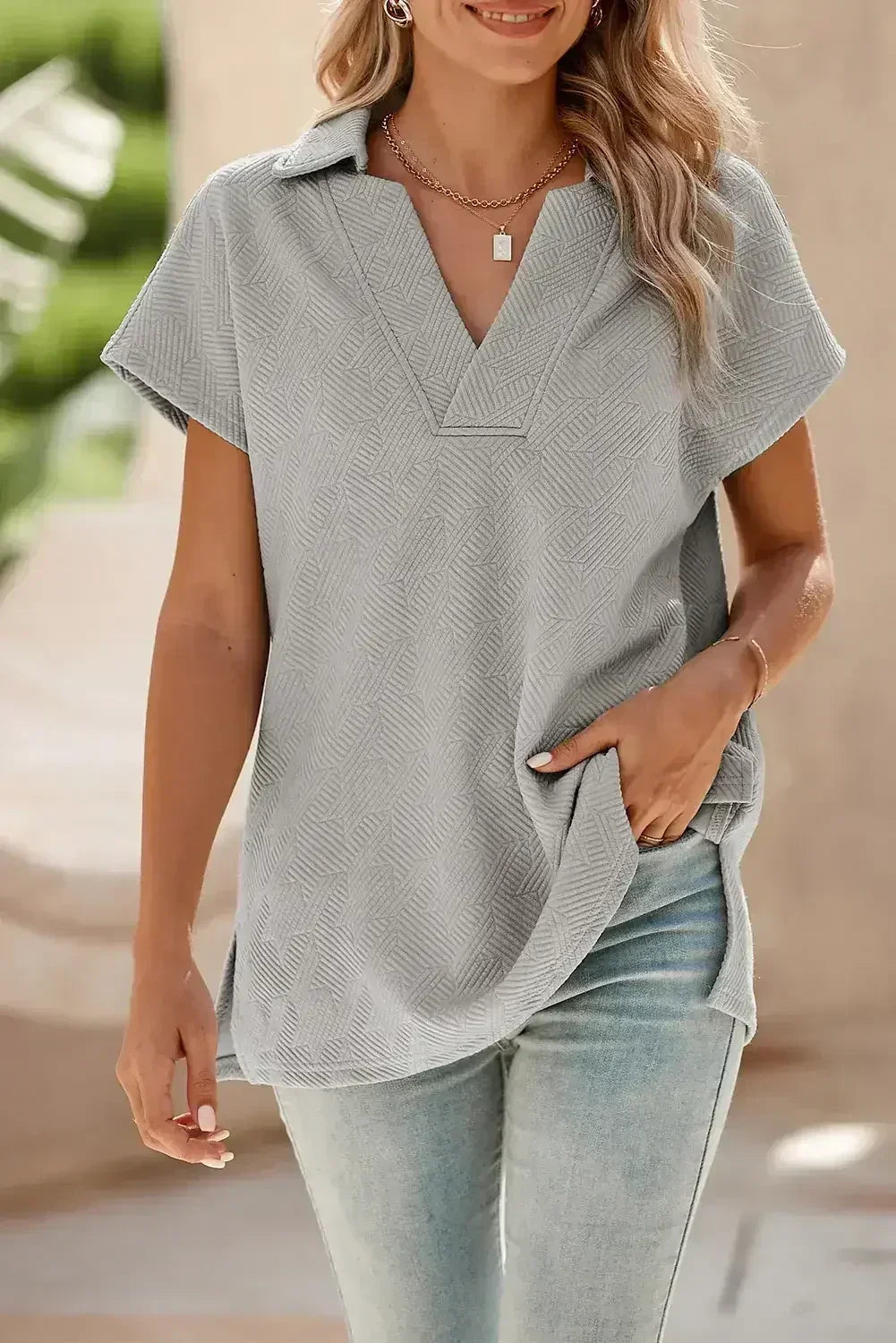 White Textured V Neck Collared Split Hem T Shirt - Femstylo
