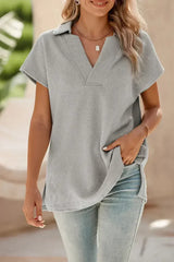 White Textured V Neck Collared Split Hem T Shirt - Femstylo