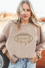 Apricot Football Graphic Drop Shoulder Game Day Corded Sweatshirt - Femstylo