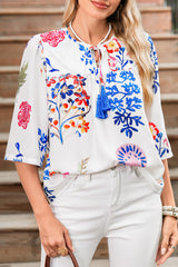 White Boho Floral Fringe Tie V Neck Blouse