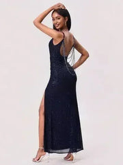 Split Sequin Backless Maxi Cami Dress - Femstylo