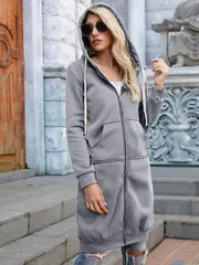 Double Take Full Size Zip-Up Longline Hoodie with Pockets - Femstylo