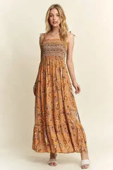 ADORA Smocked Printed Square Neck Tie Shoulder Cami Dress - Femstylo