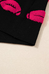 Black Rugby Print Casual Knit Short Sleeve Sweater