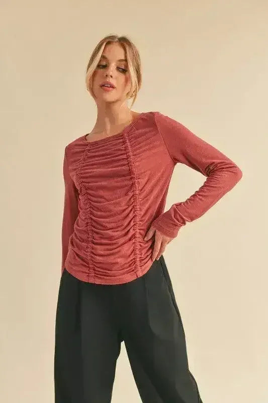 Ruched Front Long Sleeve T-Shirt - Slimming Top | Femstylo - Femstylo