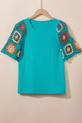 Turquoise Boho Hollowed Floral Crochet Sleeve T Shirt