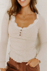 Beige Lace Neckline Button Decor Lettuce Edge Long Sleeve Ribbed Top