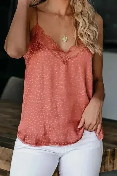 Spaghetti Strap Printed Lace Tank Top - Femstylo