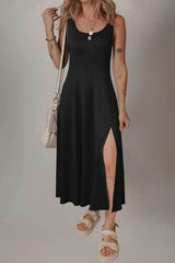 Black Sleeveless Scoop Neck Flared Split Midi Dress - Femstylo