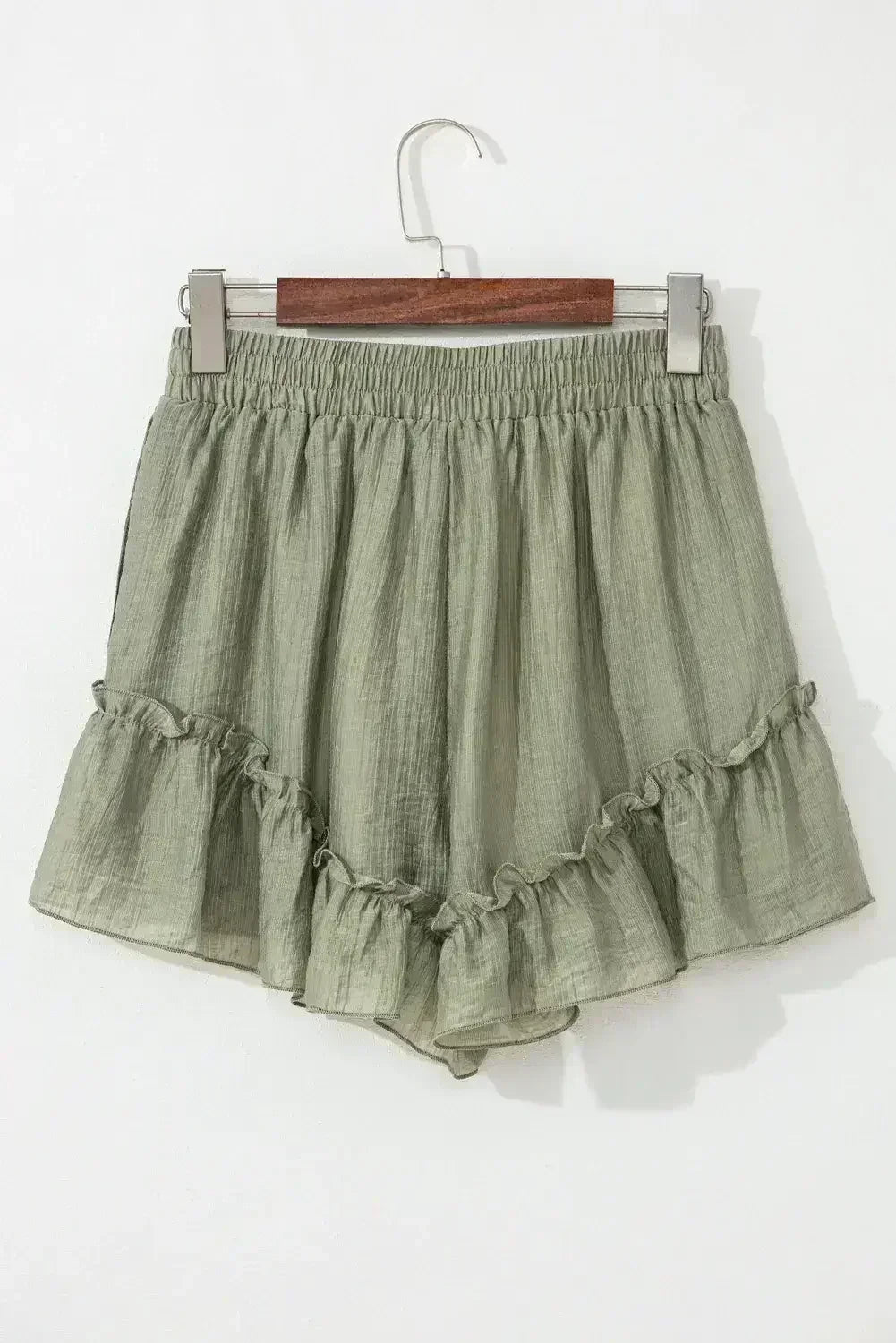 Laurel Green Textured Tie Waist Ruffle Hem Shorts - Femstylo