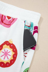 White Plus Size Christmas Ho Ho Ho Print Long Sleeve Top and Shorts Pajama Set