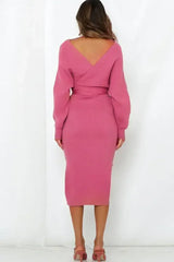 Surplice Neck Bow Waist Slit Sweater Dress - Femstylo
