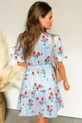 Sky Blue Striped Floral Print Ruffle Belted Mini Dress - Femstylo