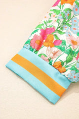 Green Floral Print Striped Trim Puff Sleeve Babydoll Blouse - Femstylo