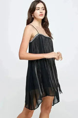 Chiffon A-Line Mini Dress with Metallic Fringe Detail - Femstylo