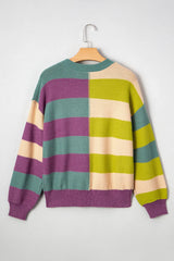 Green Stripe Colorblock Drop Shoulder Ribbed Edge Sweater