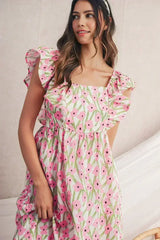 Pink Floral Print Square Neck Ruffled Strap Maxi Dress - Femstylo