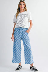 Sky Blue Tie Elastic Waist Checkered Loose Pants