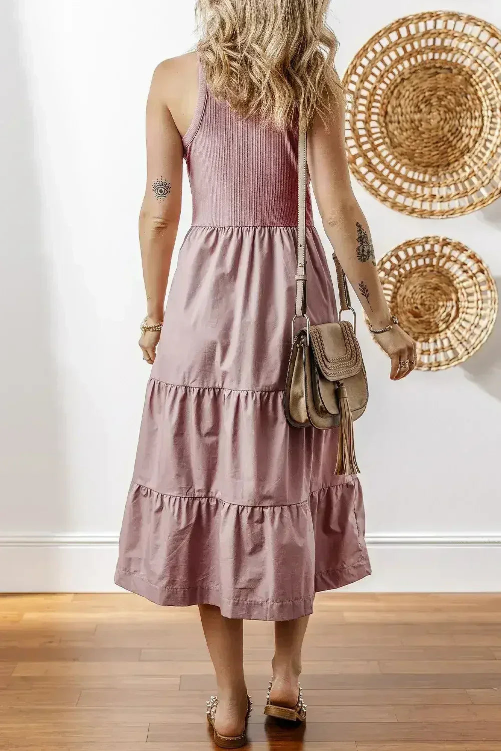 Sepia Rose Ribbed Vest Patchwork Tiered Midi Dress - Femstylo
