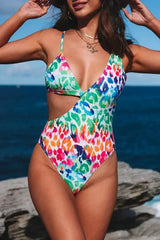 Multicolor Leopard Kiss Print Asymmetric Cutout One Piece Swimwear - Femstylo