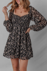 Black Floral Long Sleeve Frilly Shirred Square Neck Mini Dress