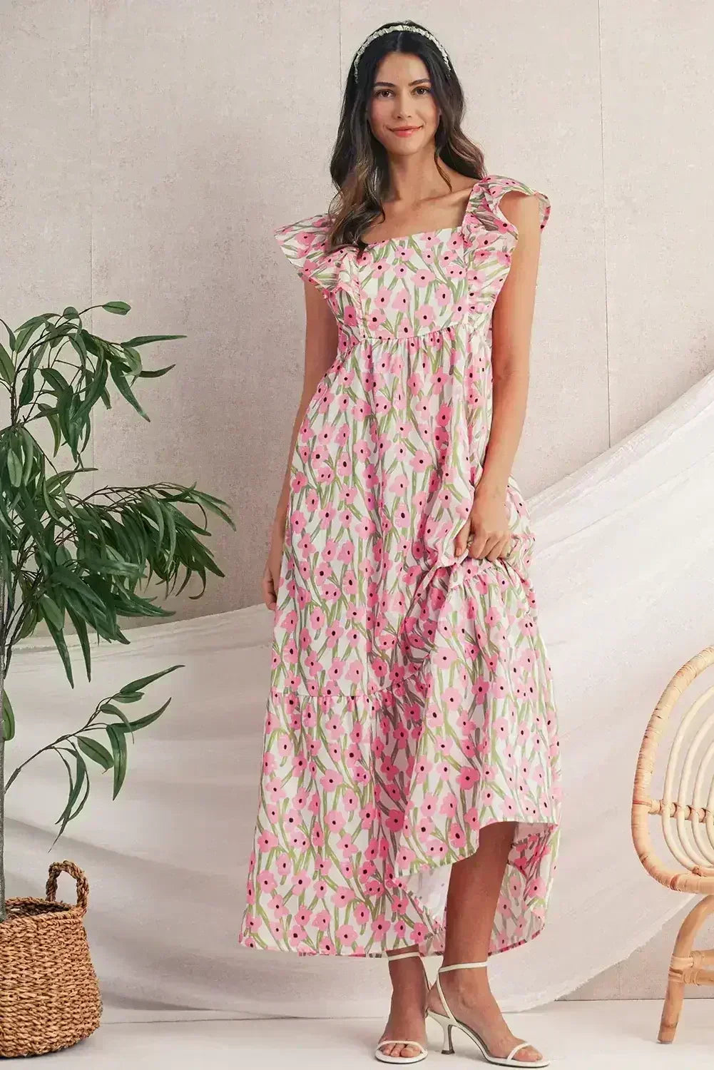 Pink Floral Print Square Neck Ruffled Strap Maxi Dress - Femstylo