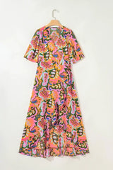 Rose Tropical Plant Print Surplice V Neck Ruffle Hem Maxi Dress - Femstylo