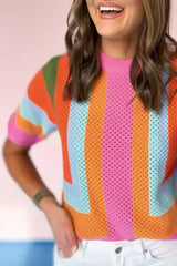 Orange Colorblock Eyelet Casual Knit T Shirt - Femstylo