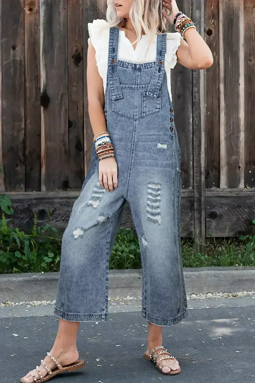 Stone Blue Distressed Bib Pocket Wide Leg Denim Overall - Femstylo