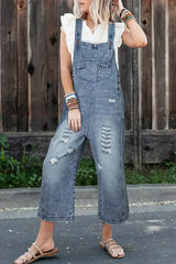Stone Blue Distressed Bib Pocket Wide Leg Denim Overall - Femstylo