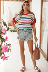 Fiery Red Striped Diamond Print Ruffle Sleeve Knit Top - Femstylo